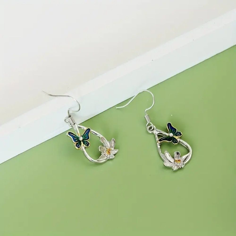 New - Teardrop Shape Butterfly and Flower Hook Dangle Earrings - Picture 4 of 8